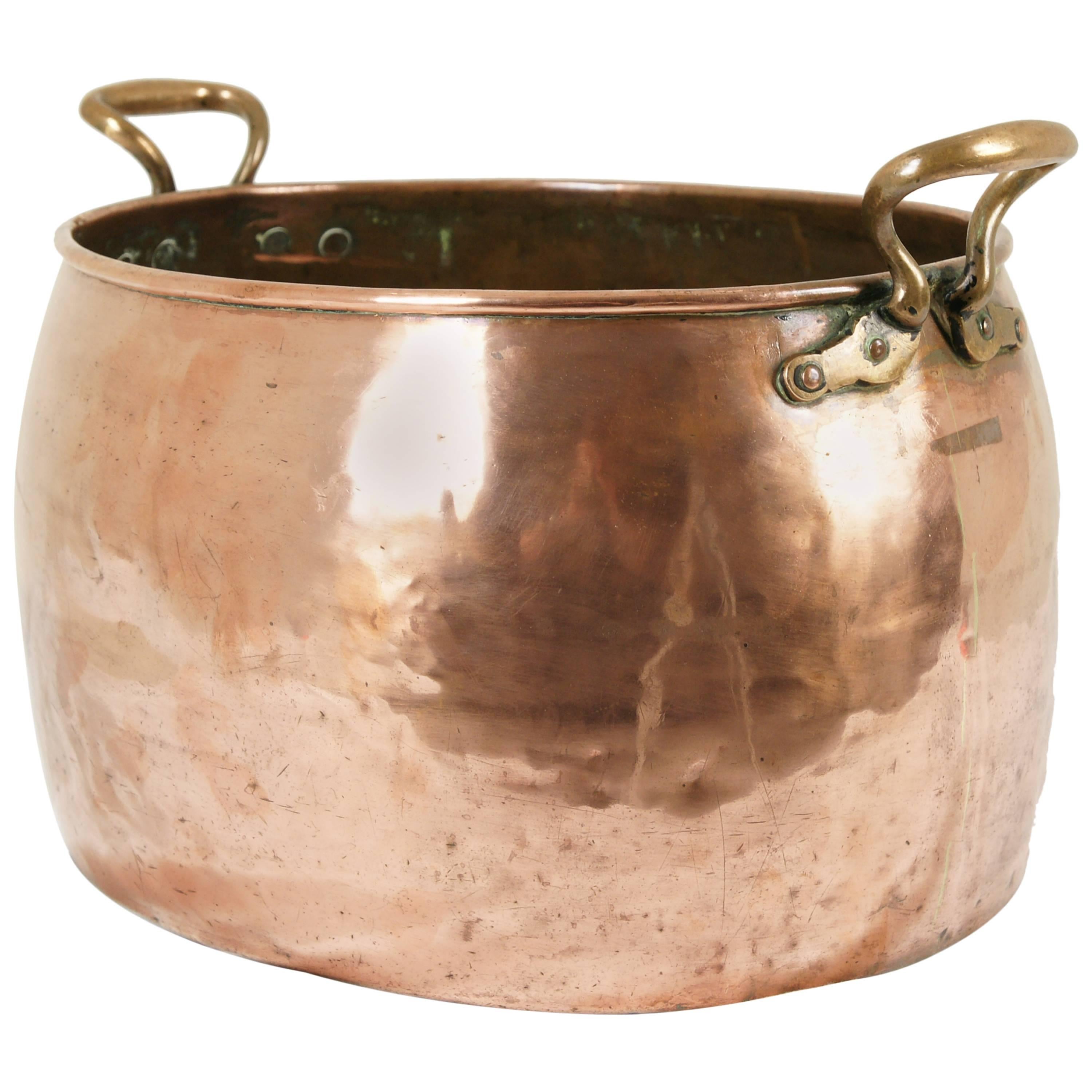 Antique Scottish Oval Copper Wine Pot/ Cooking Pot, Brass Handles