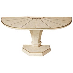 Maitland-Smith Demilune Console Table in Travertine and Brass Inlay, 1970s