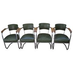 Office Chairs, circa 1930, with Steel Chrome Frames, Maple Armrests, Set of Four