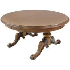 B305 Antique Scottish Oval Mahogany Dining Table, Carved Pedestals, 2 lg. Leaves