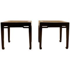 Pair of Black Lacquer End Tables with Hard Canned Top