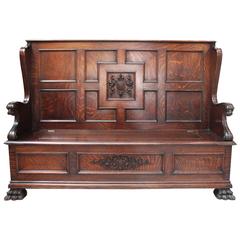 Antique 19th Century English Oak Carved Hall Bench and Storage