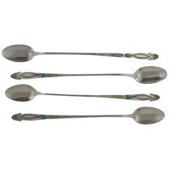 Sterling Silver and Turquoise American Southwest Iced Tea Spoons, Set of Four