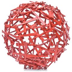 Spherical Red Enameled Steel Limited Edition Sculpture Entitled "Veiled"