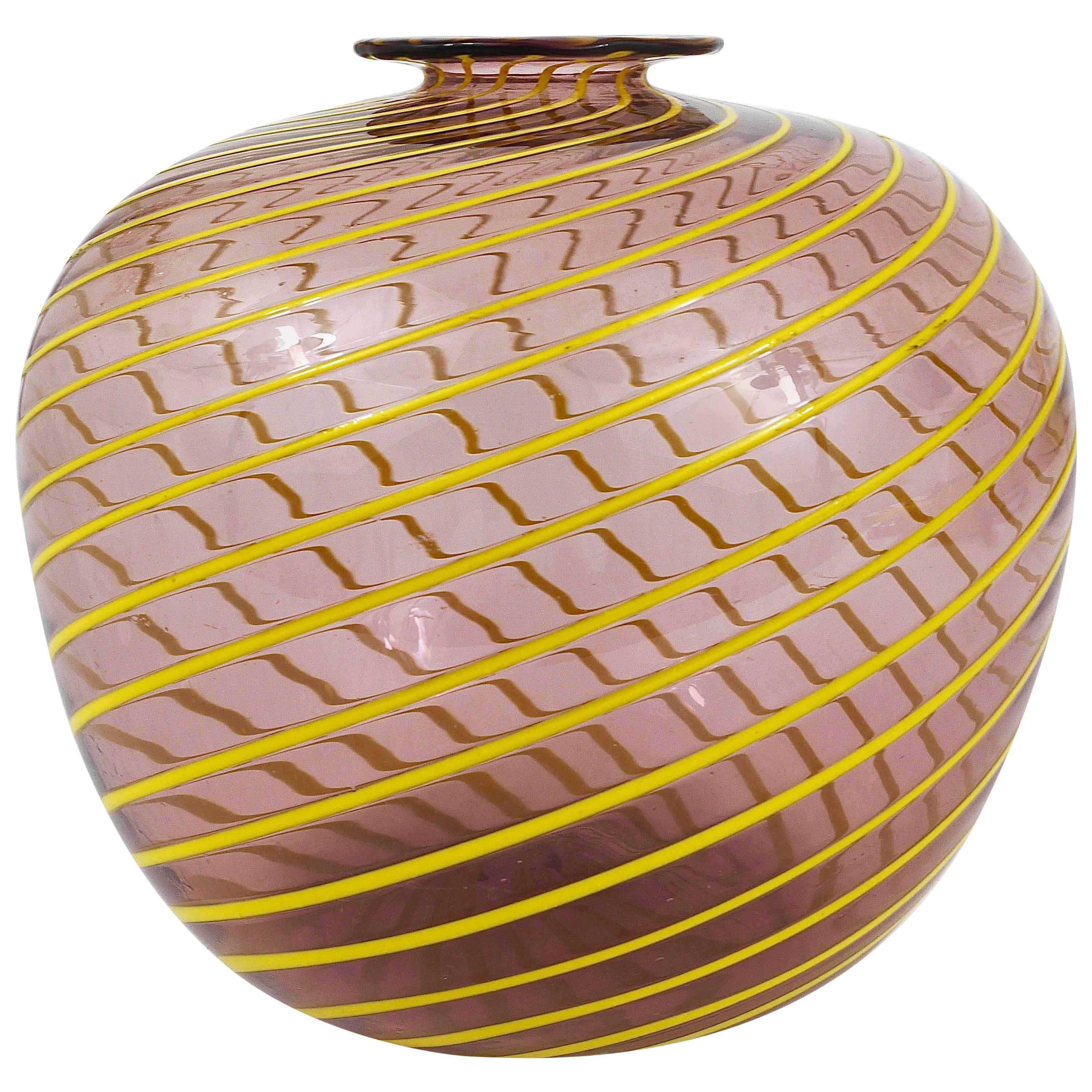 Fratelli Toso Big Purple Murano Swirl Vase with Yellow Stripes, Italy, 1950s