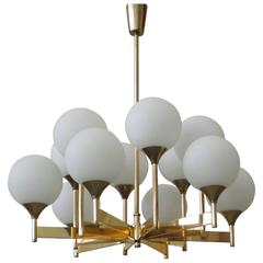 Twelve-Light Scandinavian Brass and Glass Chandelier
