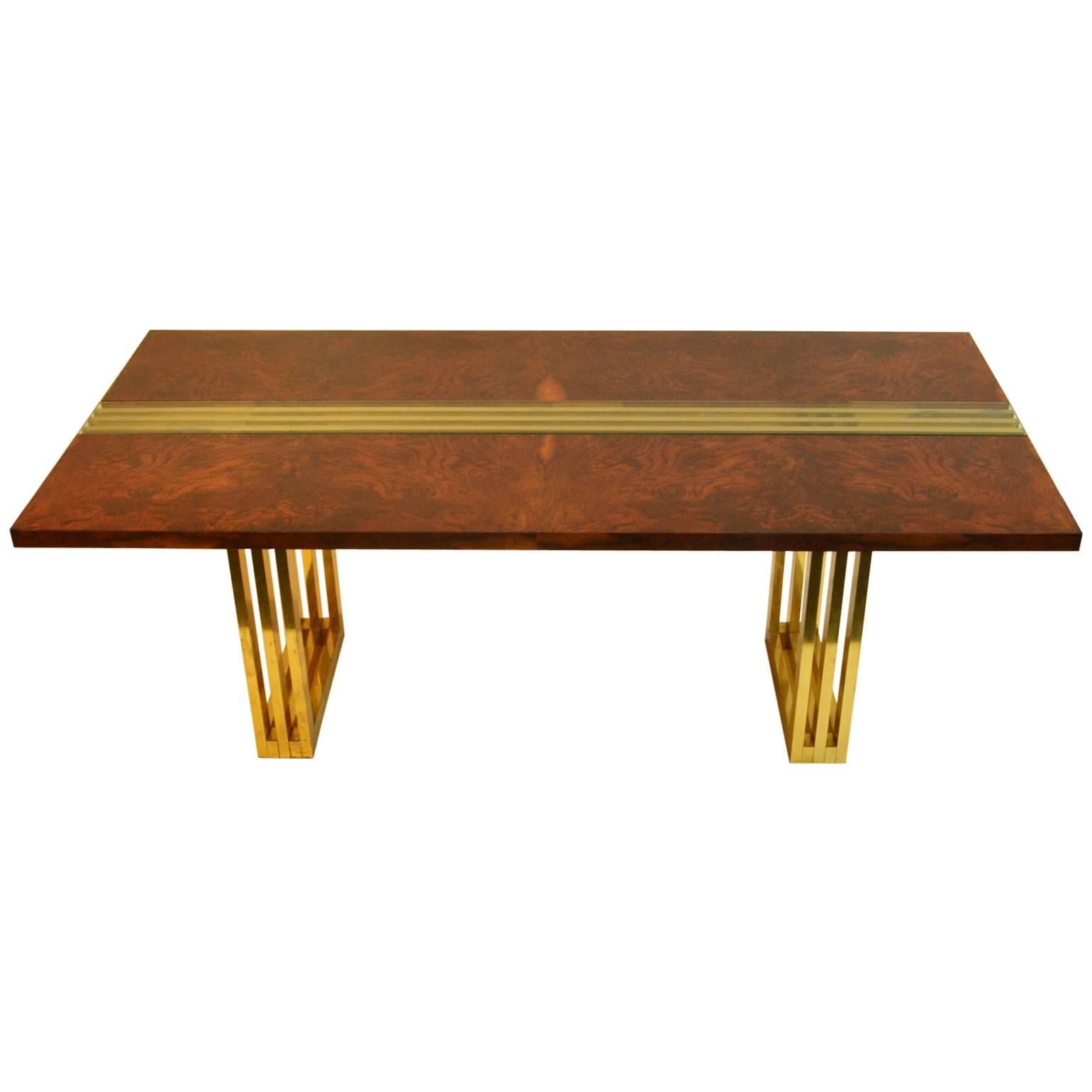 1960s Burl Wood and Brass Dining Table by Romeo Rega