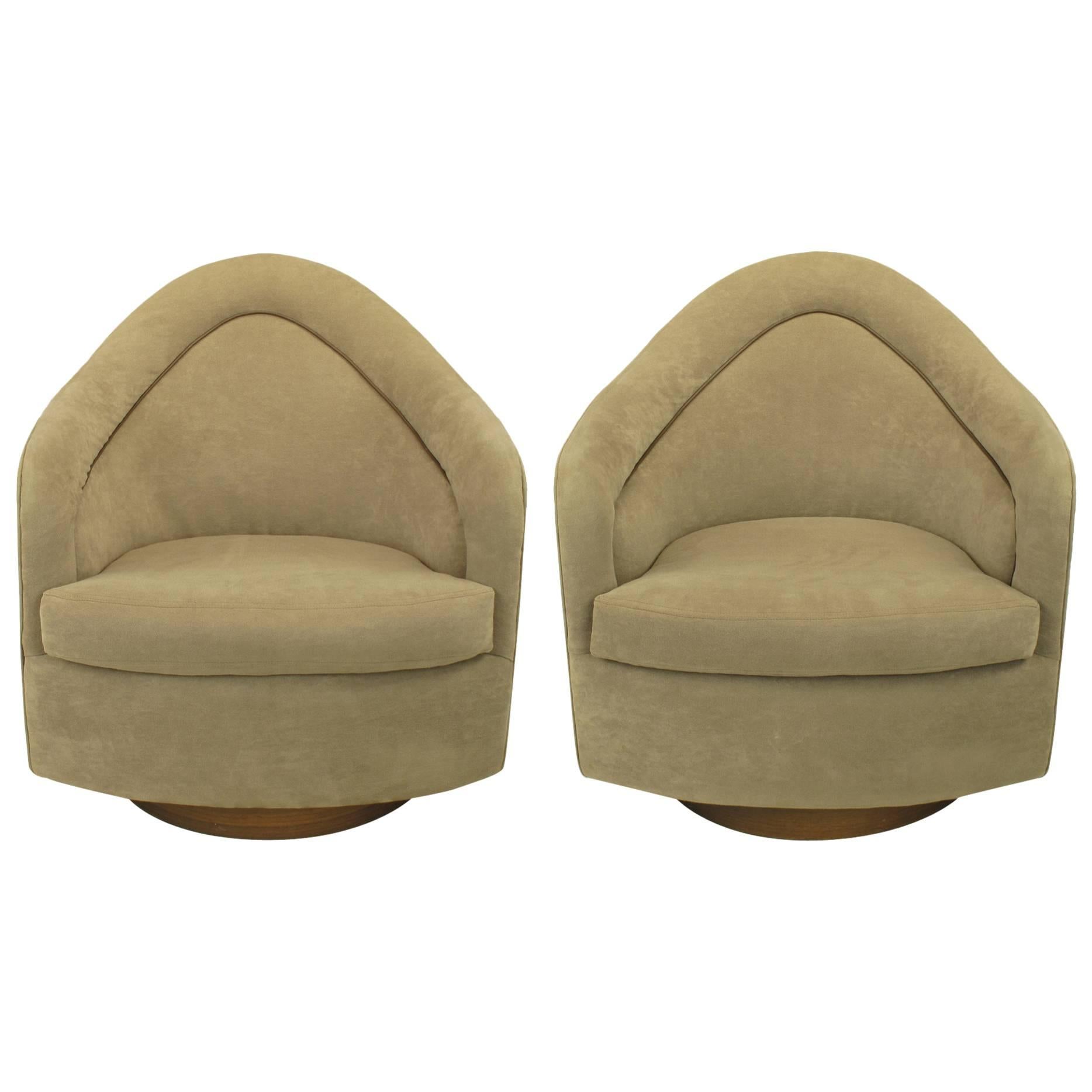 Pair of Milo Baughman Swivel Club Chairs with Walnut Bases