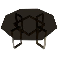 Mesa de cóctel octogonal vintage francesa de cristal negro y acero