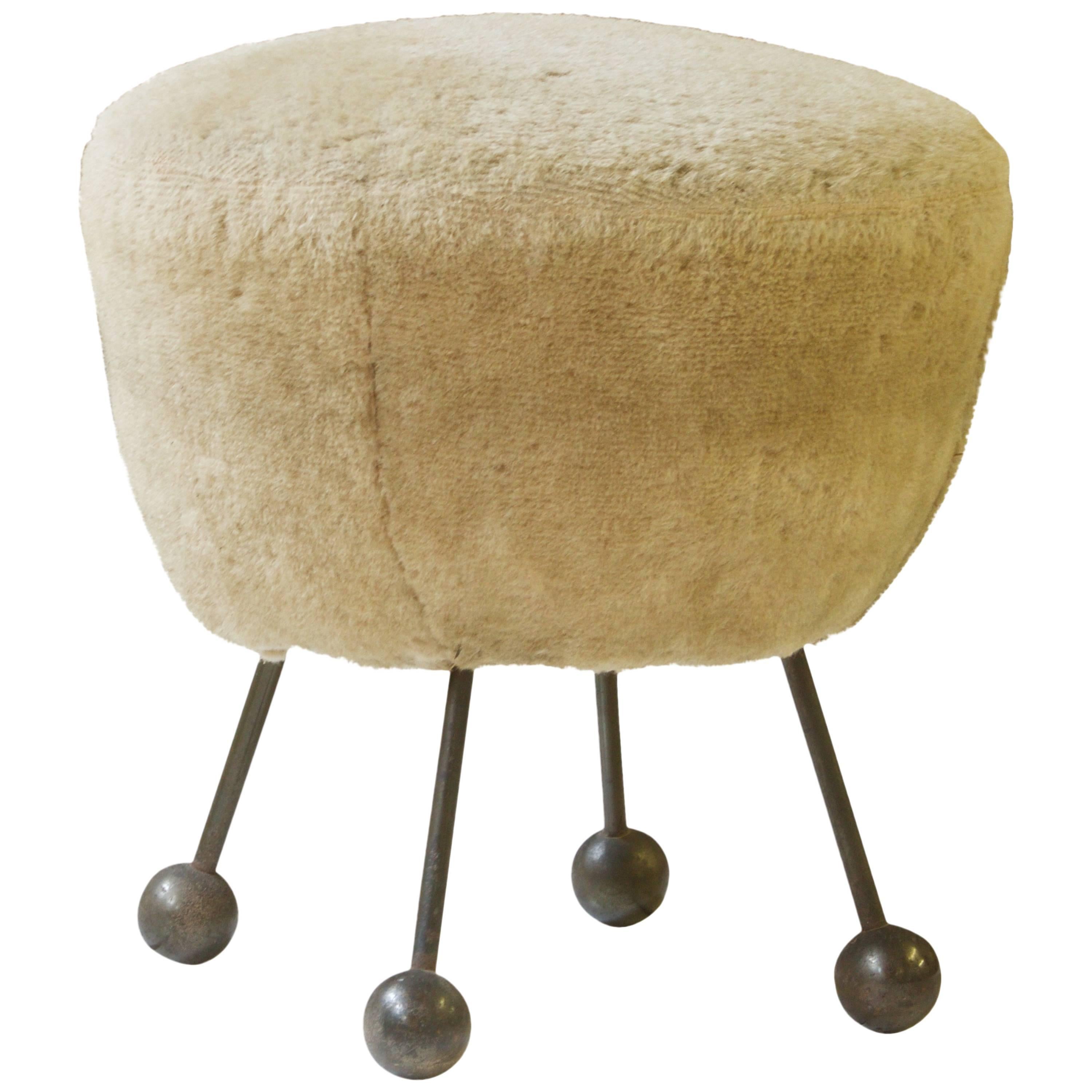 Faux Fur and Bronze Pouf Attributed to Jean Royere, 1950s