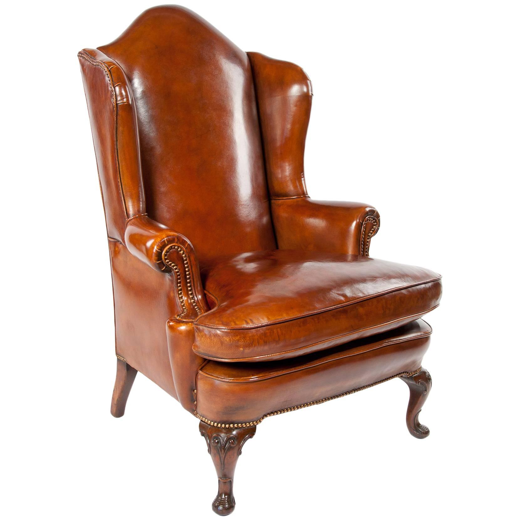 Superb Antique Walnut Leather Wingback Armchair, Mid-19th Century