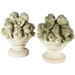 Pair of Vintage Carved Tuffa Stone Flower and Fruit Baskets