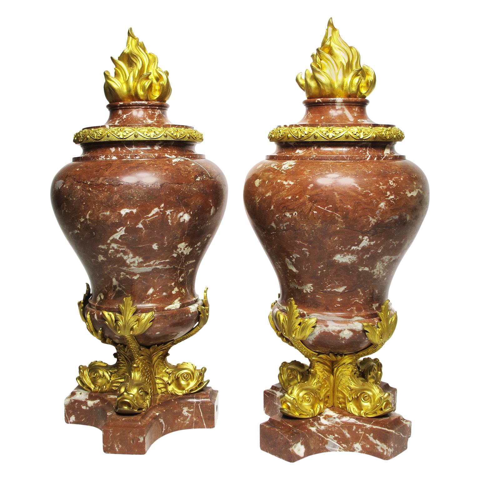Fine Pair of French 19th Century Marble and Gilt Bronze-Mounted Flambeaux Urns For Sale