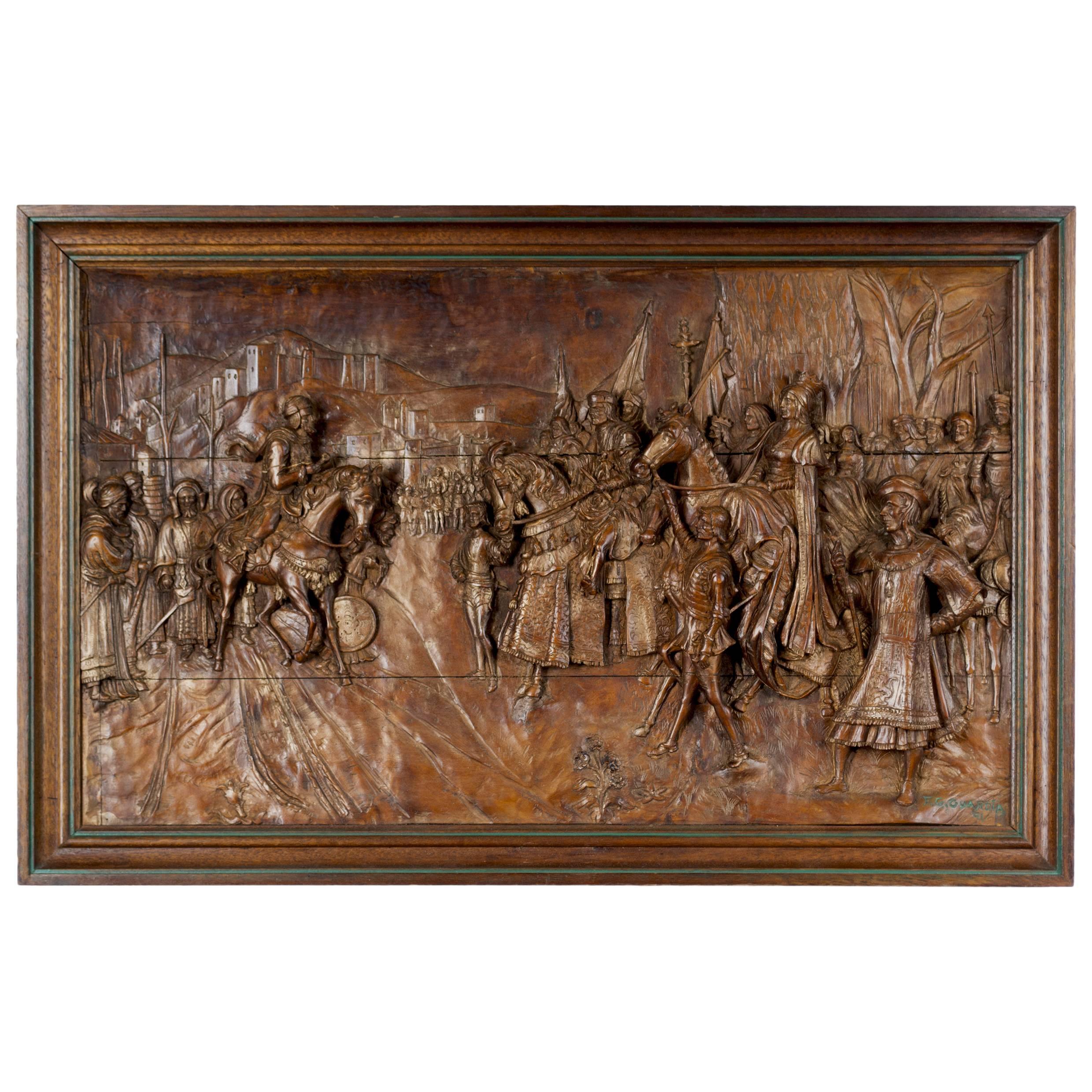 19th Century Italian Carved Wood Relief Panel of the Surrender of Ptolemais