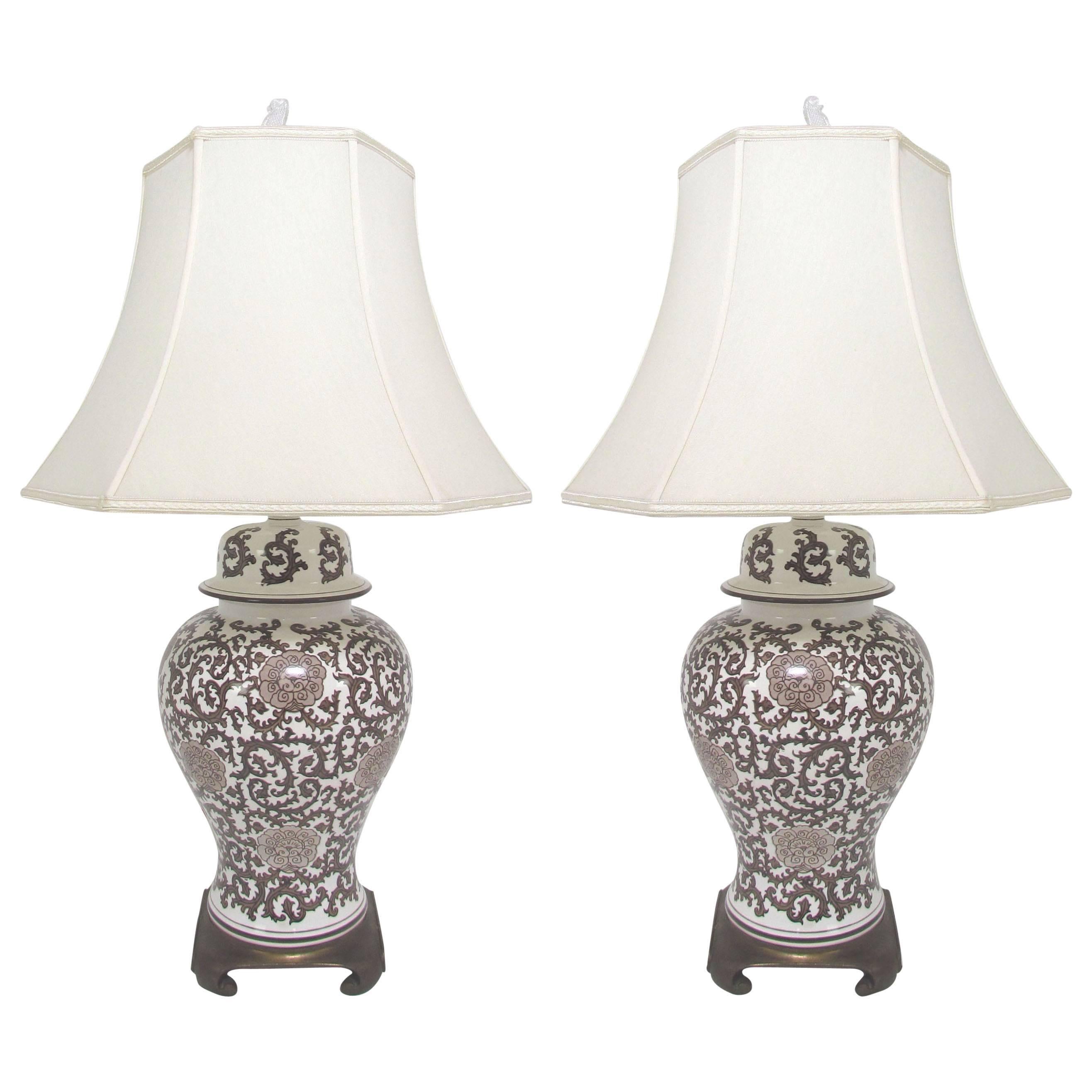 Pair of Ginger Jar Lamps with Silk Shades, circa 1960s