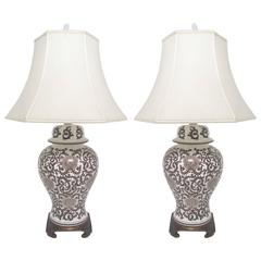 Used Pair of Ginger Jar Lamps with Silk Shades, circa 1960s