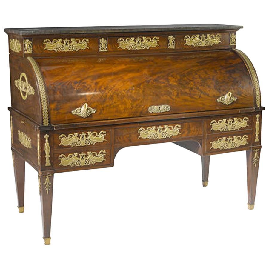 19th Century French Empire Style Mahogany Roll-Top Desk with Gilt Bronze-Mounted For Sale
