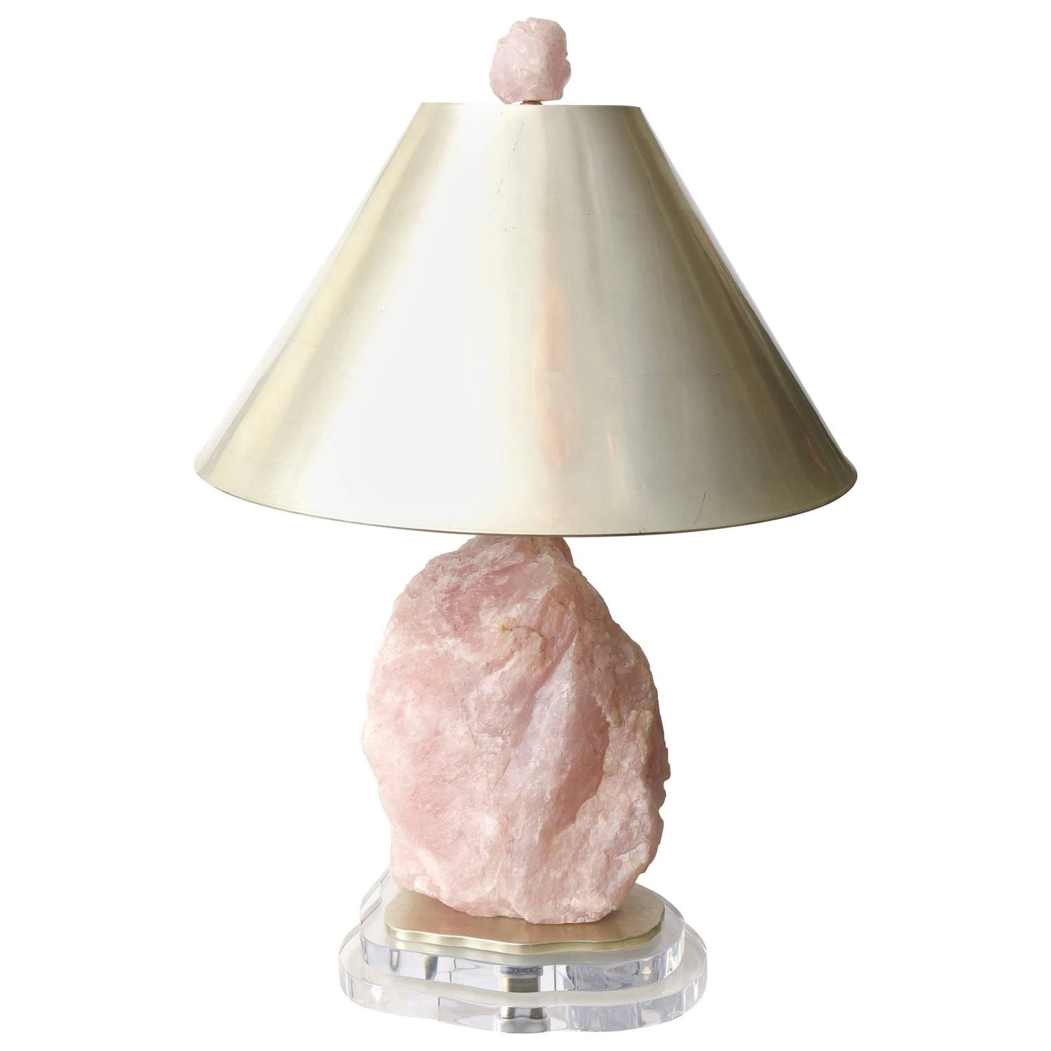 One of a Kind Rose Quartz, Silver Leaf and Lucite Table Lamp For Sale at 1stdibs