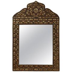 Antique Moroccan Crested Mirror with Intricate Metal Work and Bone Inlay