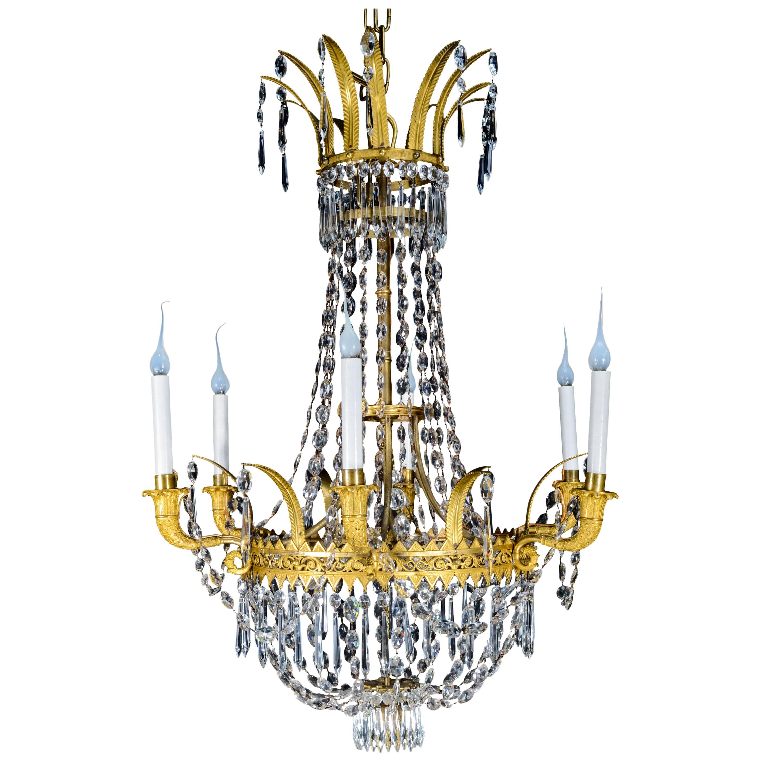 Empire Gilt Bronze and Cut Crystal Chandelier For Sale