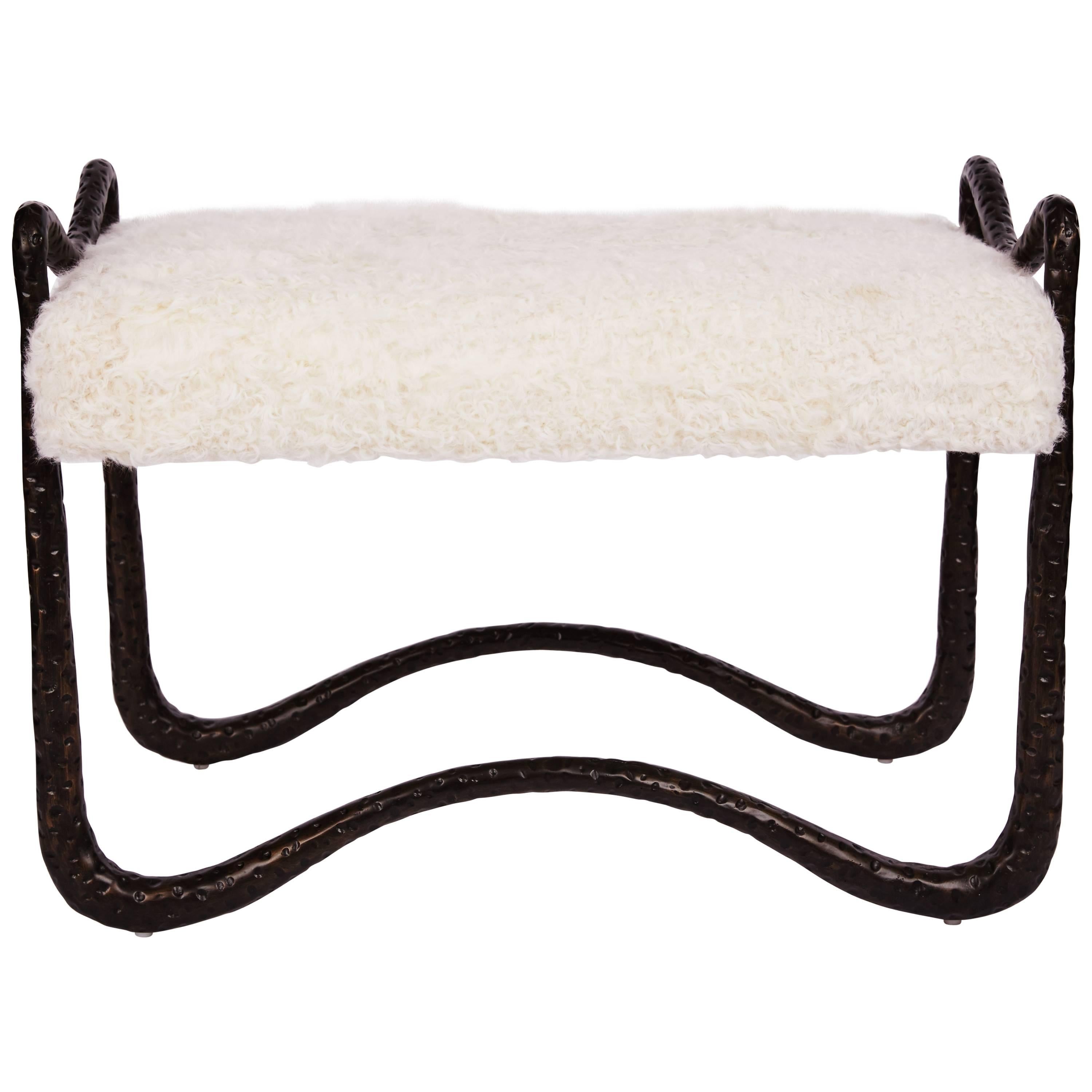 Hammered Bronze Bench with Upholstered Seat For Sale