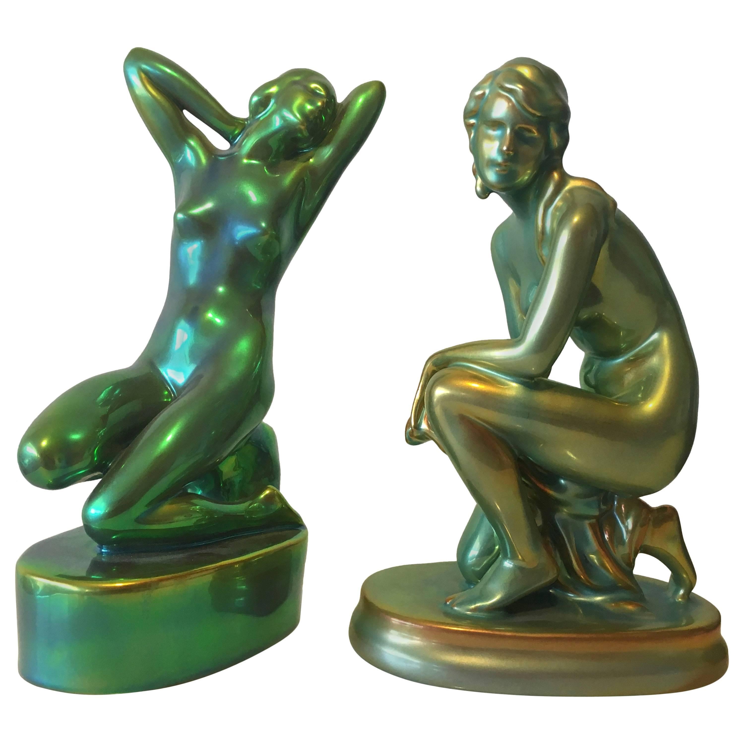 Antique Zsolnay Eosin Iridescent Art Nouveau, Pair of Nude Women Figurines For Sale