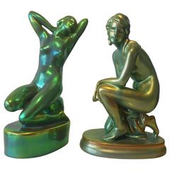 Antique Zsolnay Eosin Iridescent Art Nouveau, Pair of Nude Women Figurines