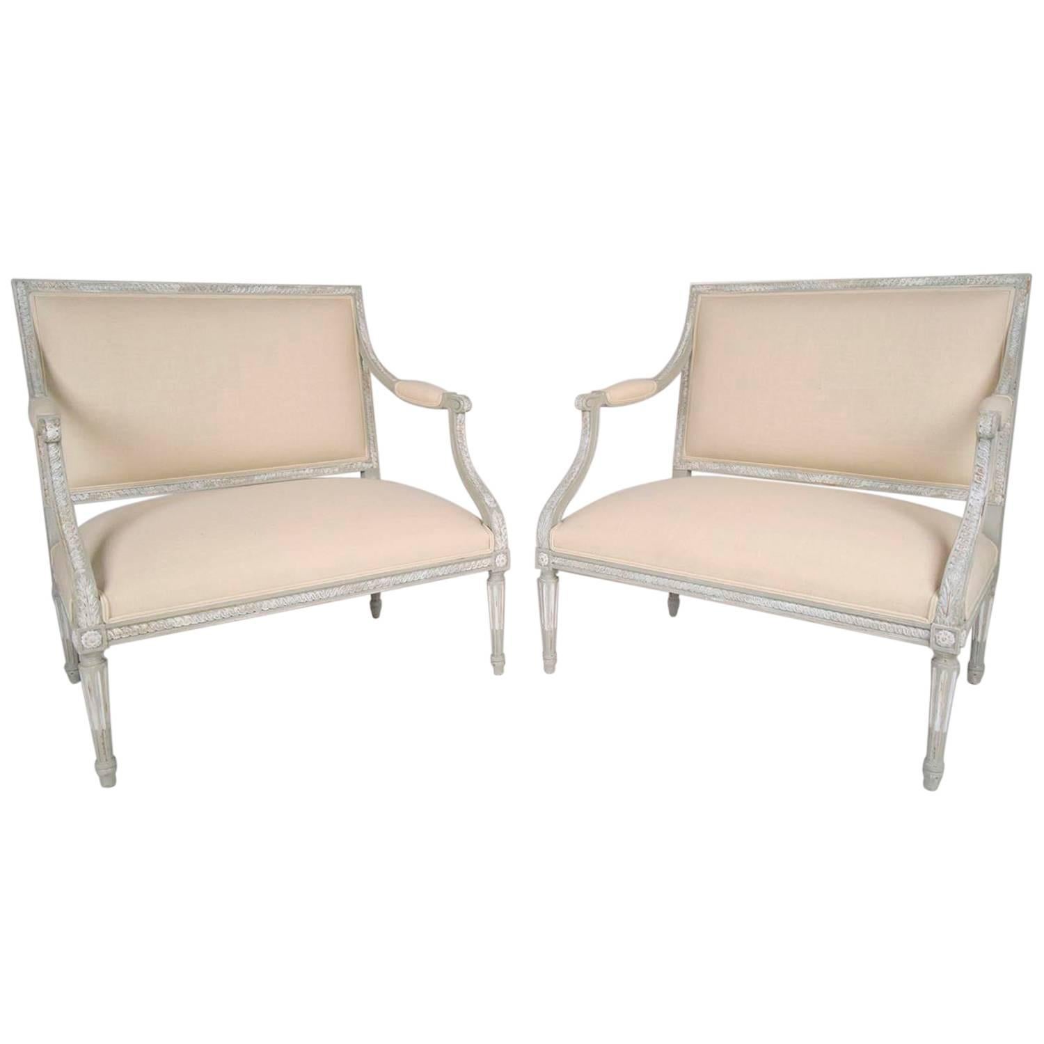 Pair of Antique French Louis XVI Wide Seat Arm Chairs