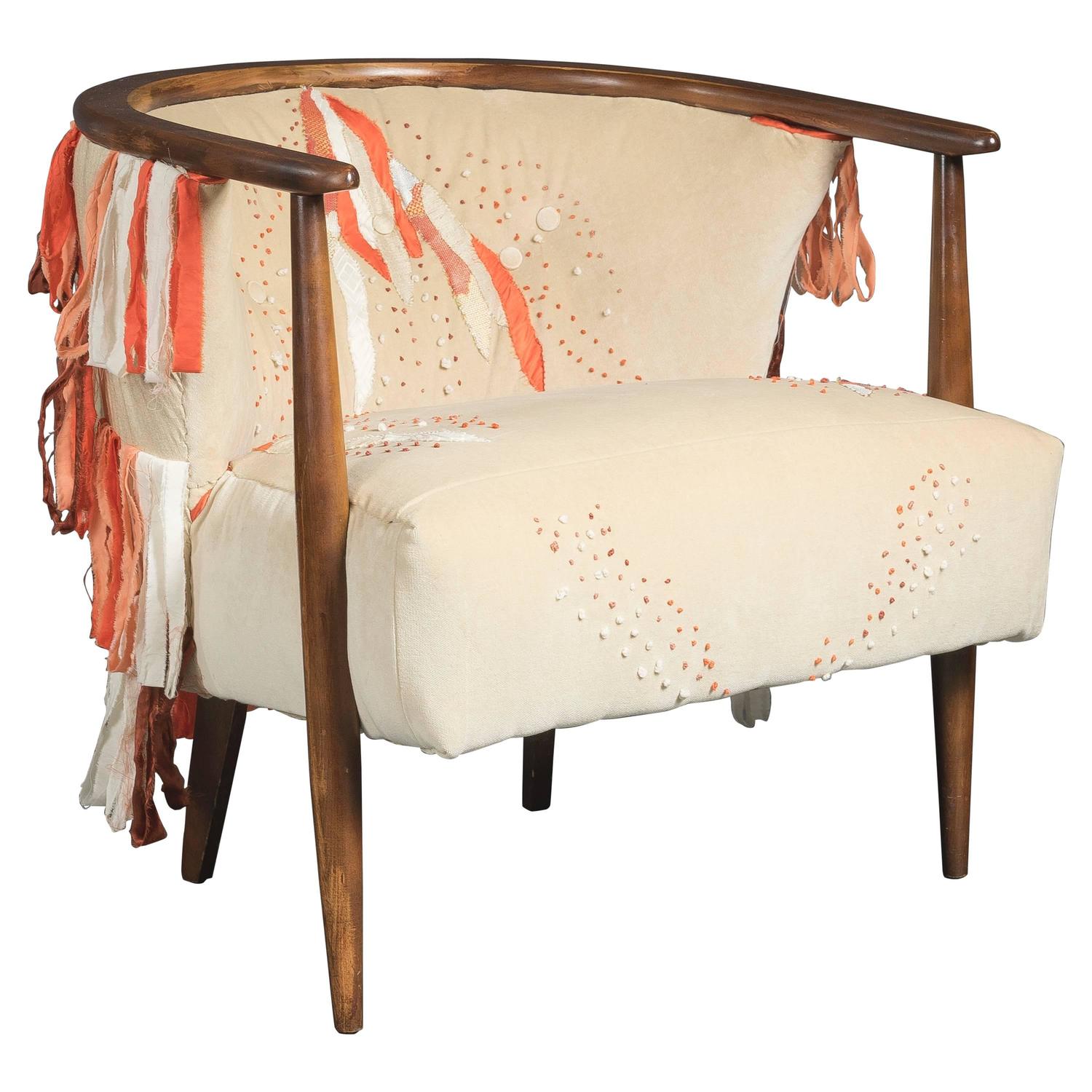 Mid Century Ivory Barrel Chair with Hand Embroidery For Sale at 1stdibs