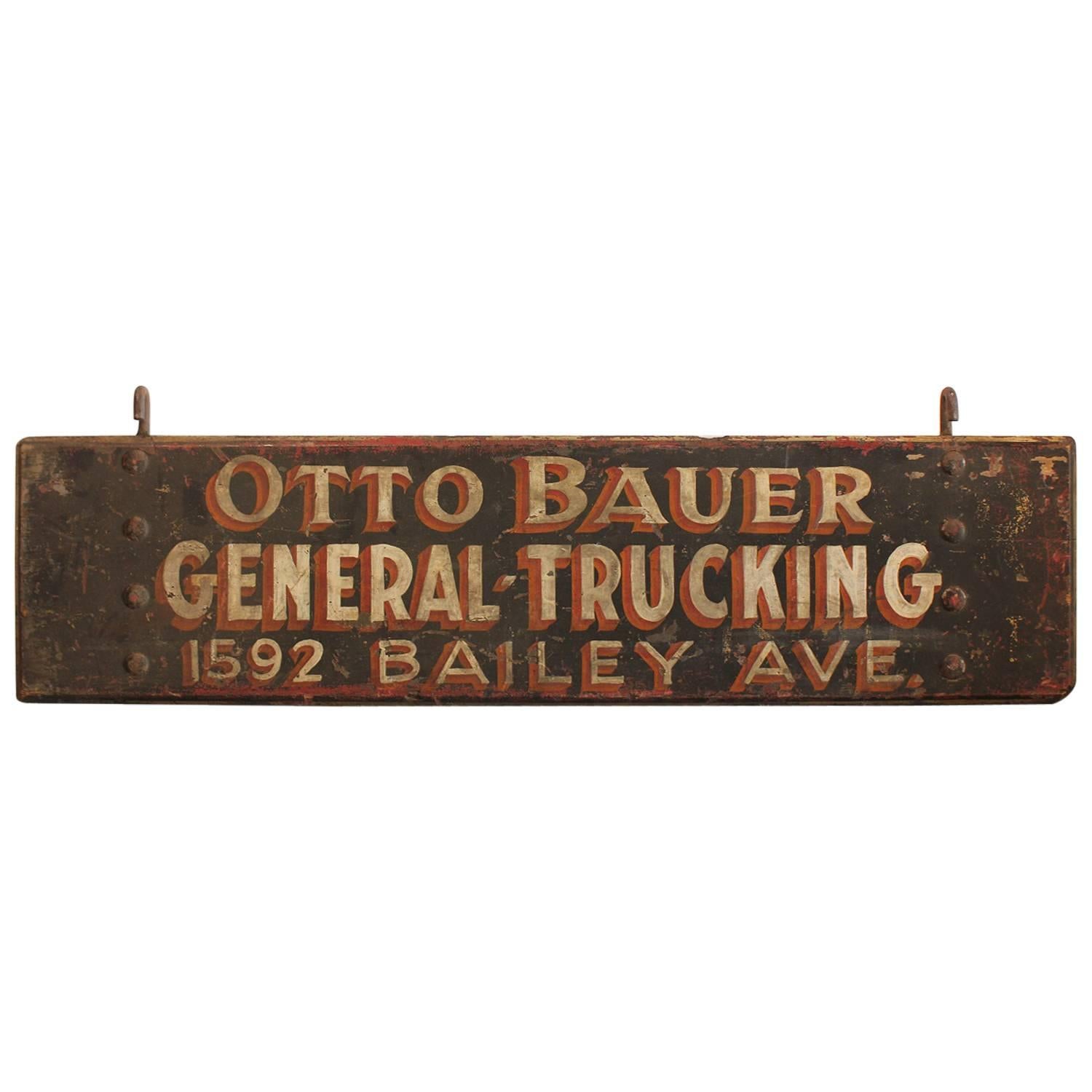 1920s American Hand Painted Wood Sign "General Trucking" For Sale