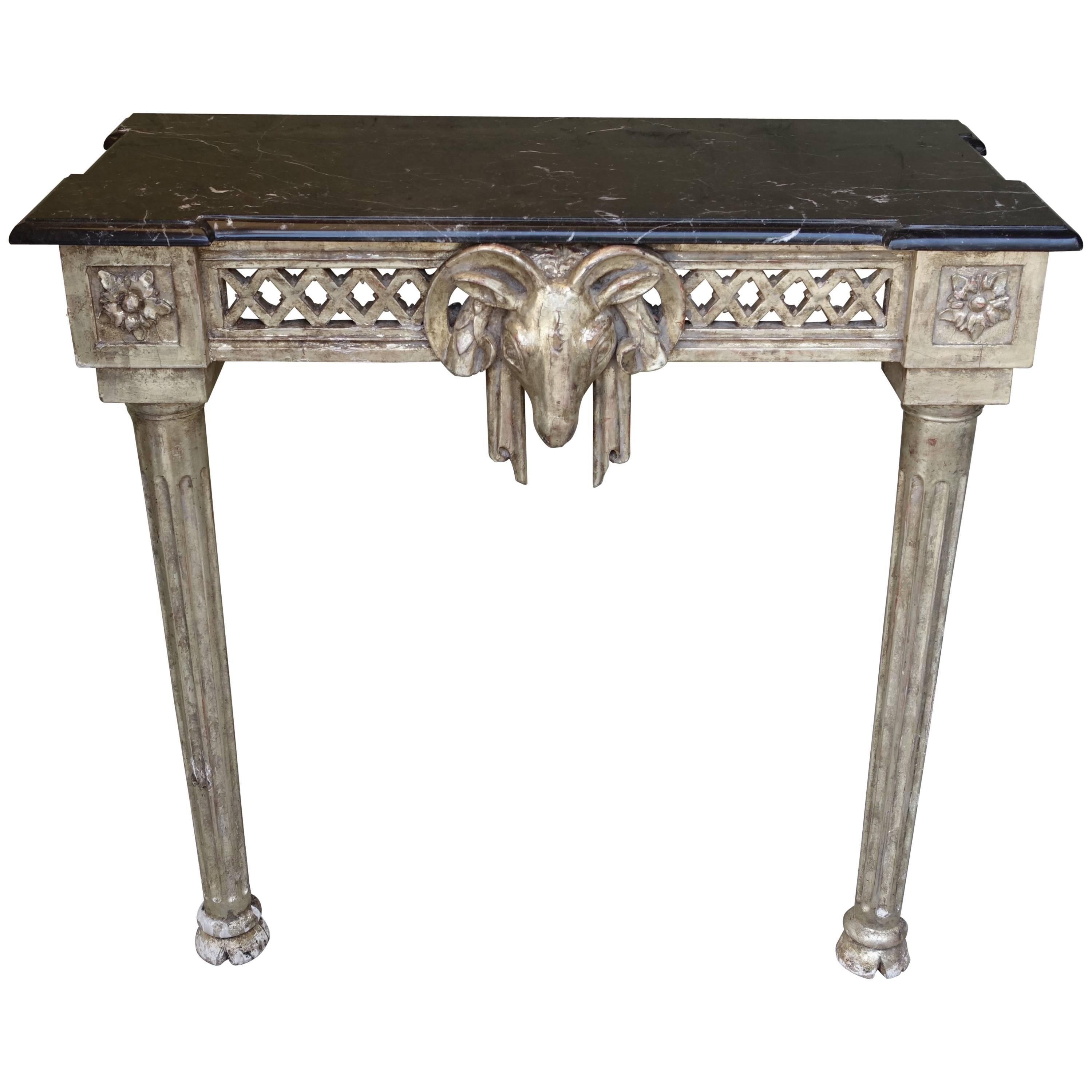 Italian Silver Gilt Rams Head Console with Marble Top