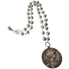 Late 19th Century Pewter Medallion on Freshwater Pearl Necklace