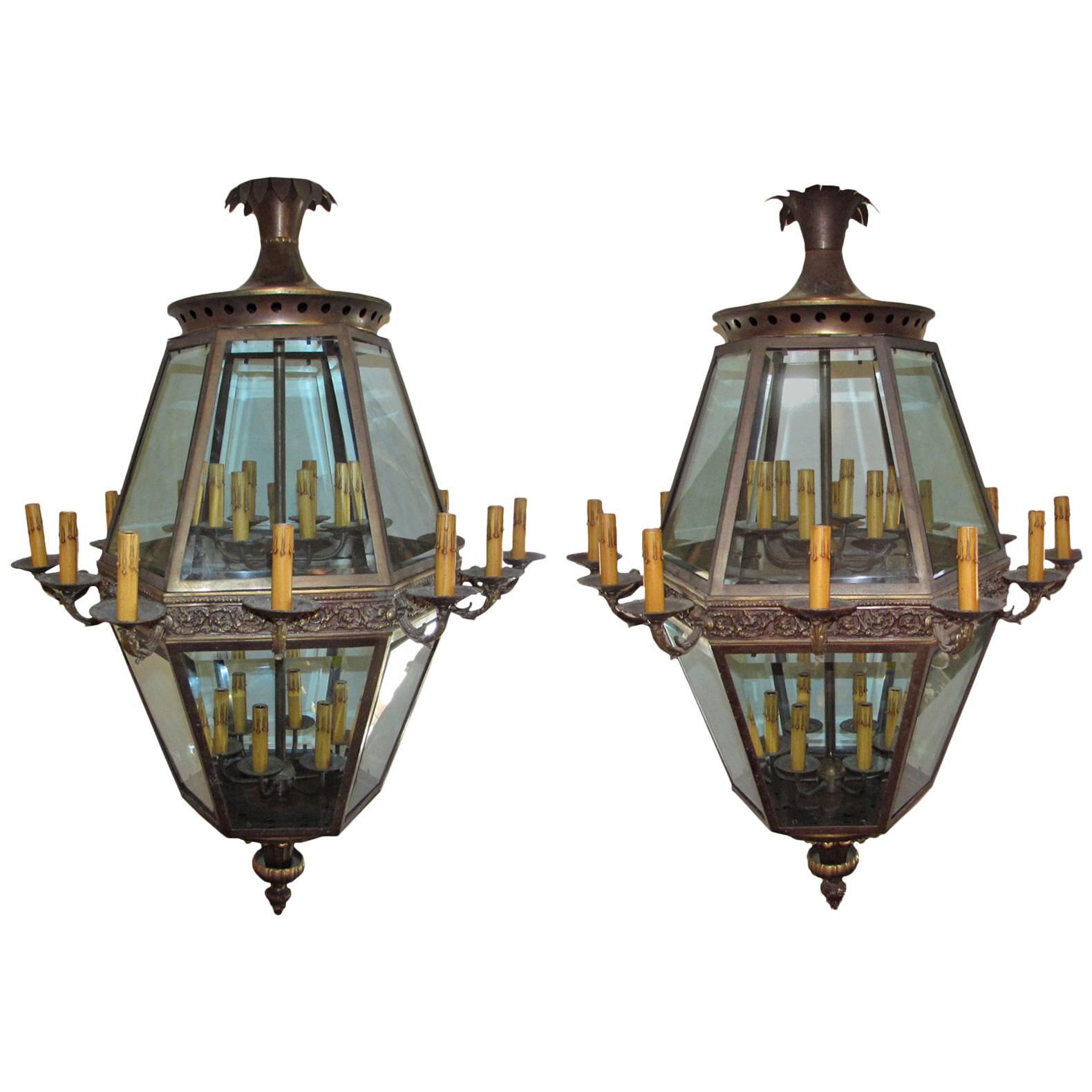 Antique Italian Monumental Pair of Louis XIV Genoa Palace Lanterns, Circa 1920