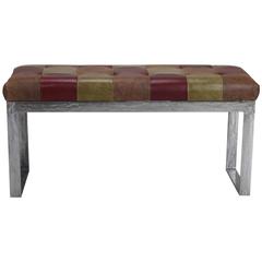 Mid-Century Steel Flat Bar and Leather Patchwork Bench