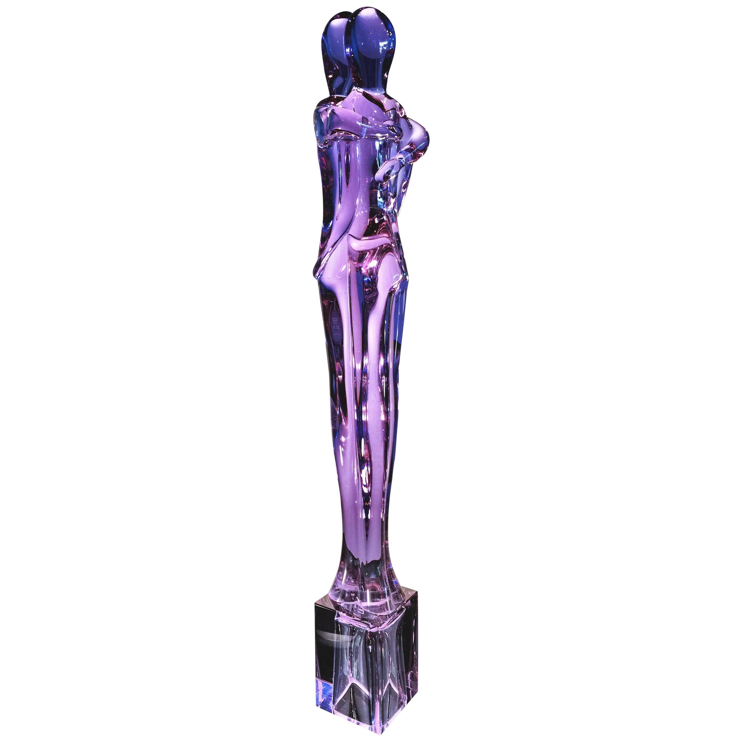 Tall Mid-Century Alexandrite Neodymium Murano Glass Nude Lovers Sculpture, Italy