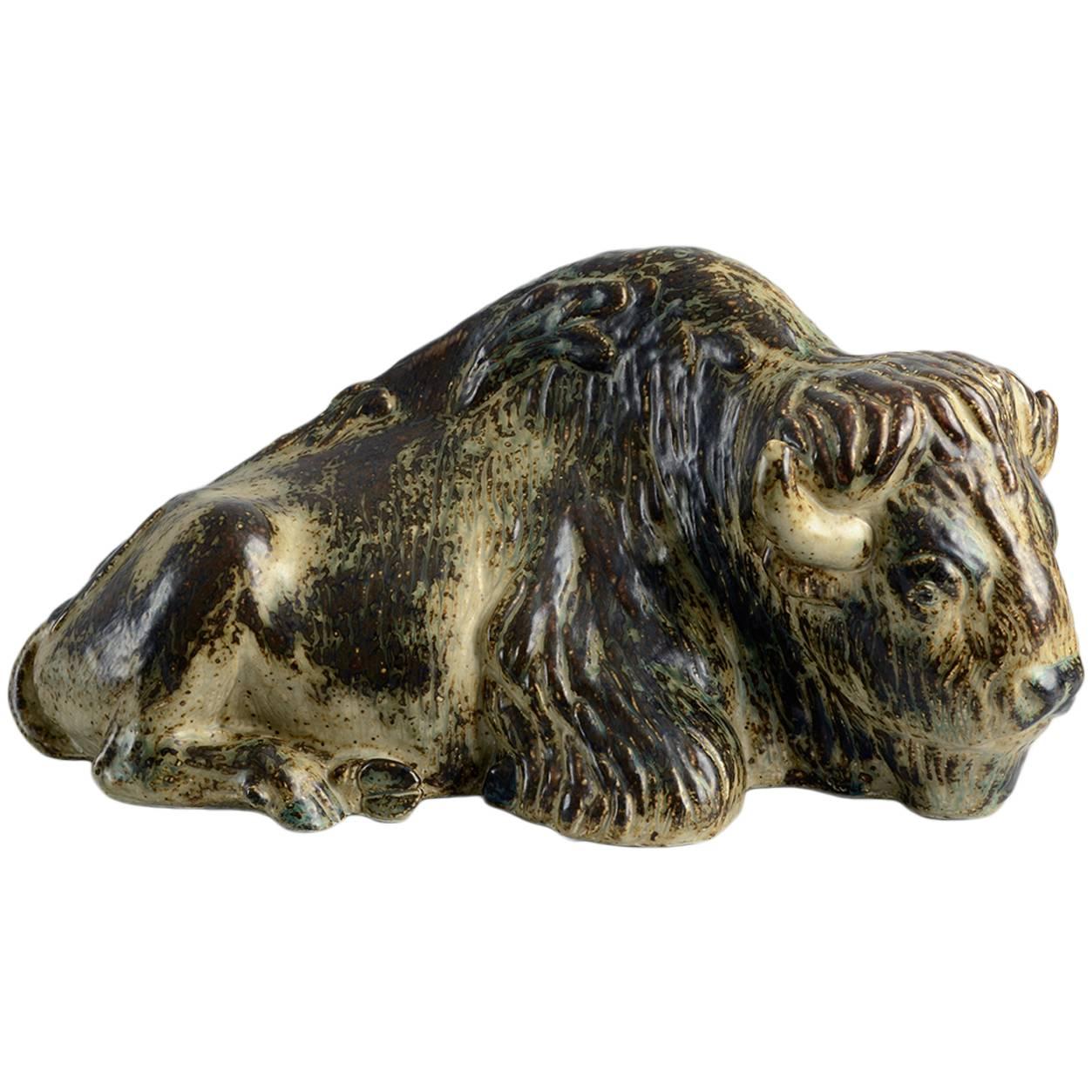 Monumental Stoneware Bison Figure by Karl Larsen for Royal Copenhagen For Sale