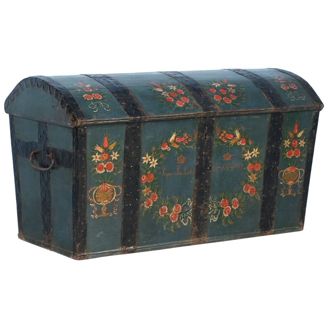 Antique Swedish Dome Top Trunk with Original Blue Green Paint, Dated 1847