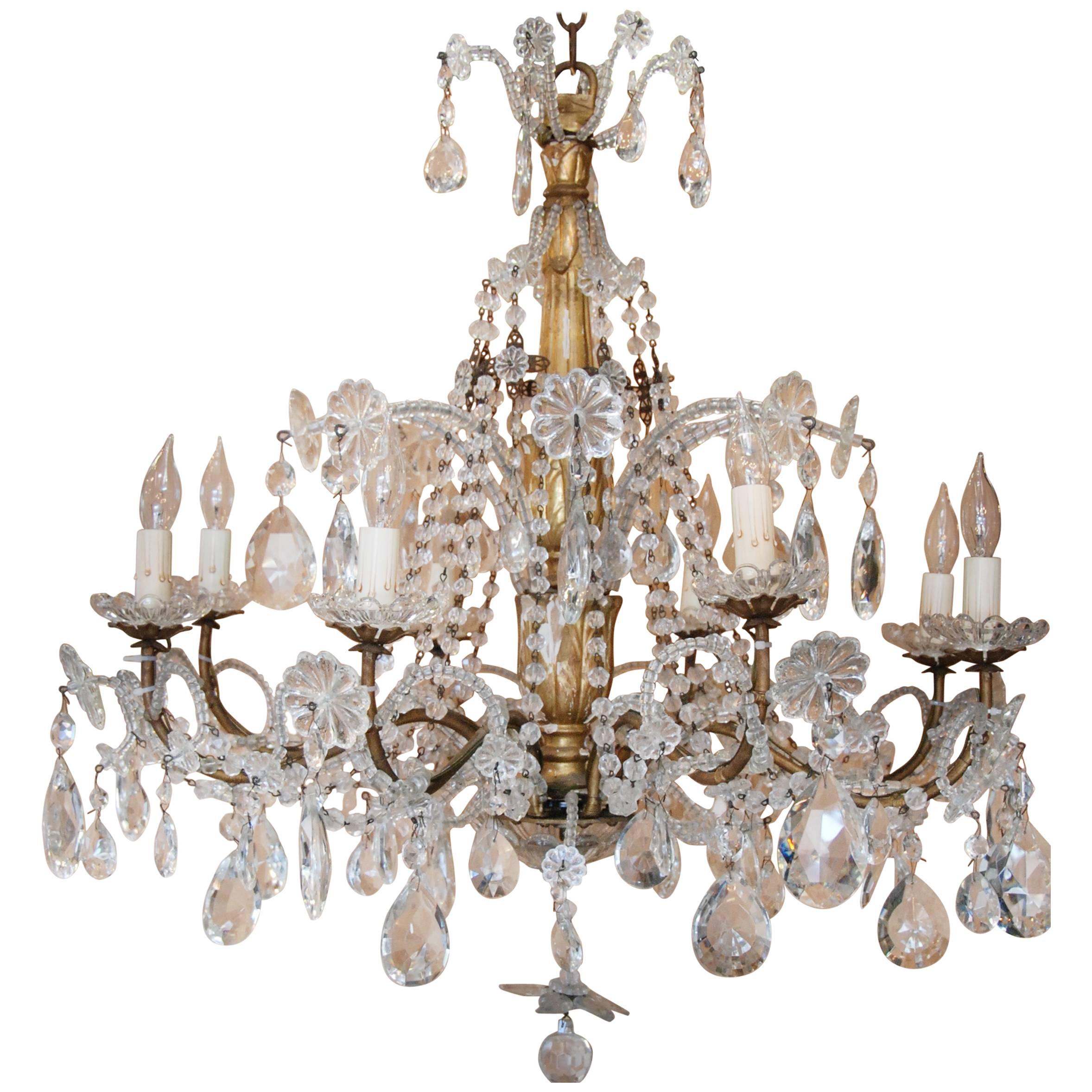 19th Century Italian Crystal and Gilded Wood Chandelier For Sale