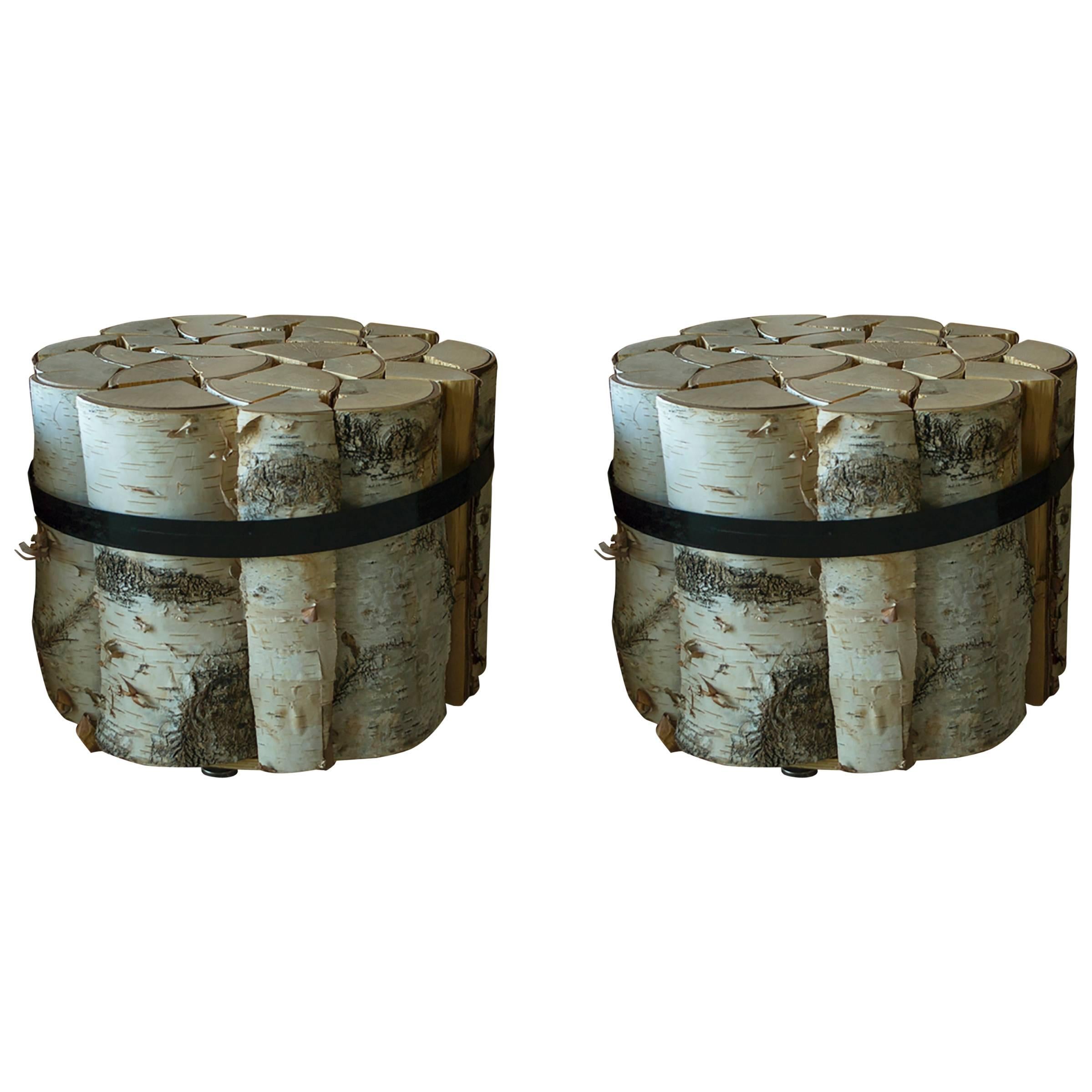 Pair of Gathered Cut Birch Side Tables For Sale