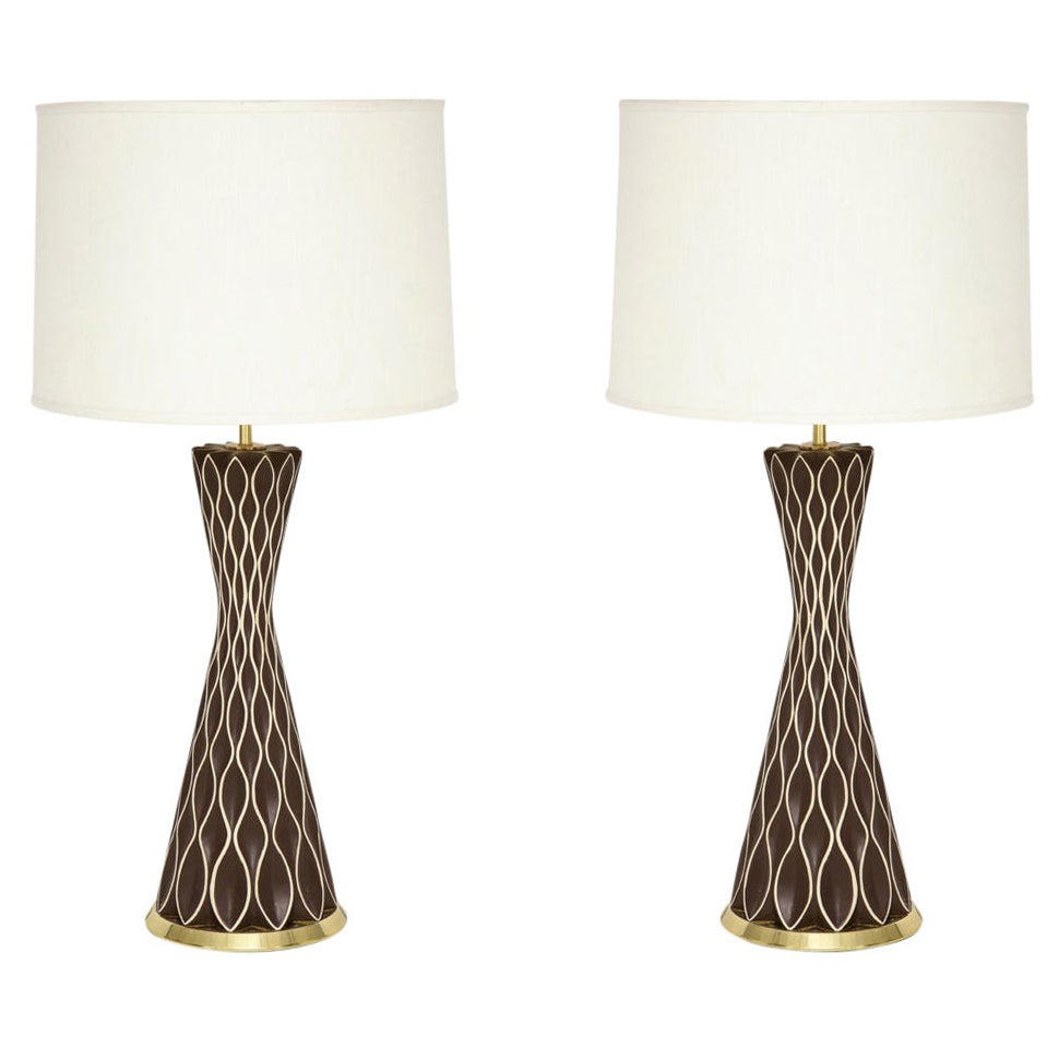 Gerald Thurston Table Lamps, Porcelain, Brass, Brown, White, Honeycomb