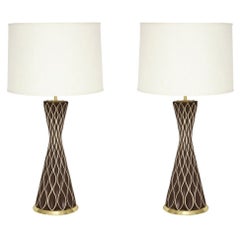 Gerald Thurston Table Lamps, Porcelain, Brass, Brown, White, Honeycomb