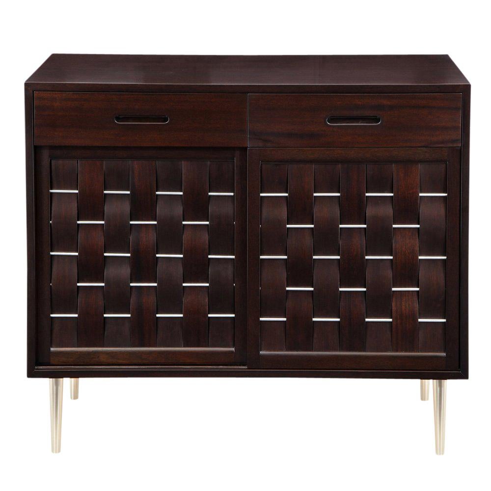 Edward Wormely for Dunbar woven front chest, mahogany and brushed nickel, signed. Medium scale commode, No. 4465, with two woven front sliding doors, two top exterior drawers and a finished back. There are six interior drawers. The each sliding door