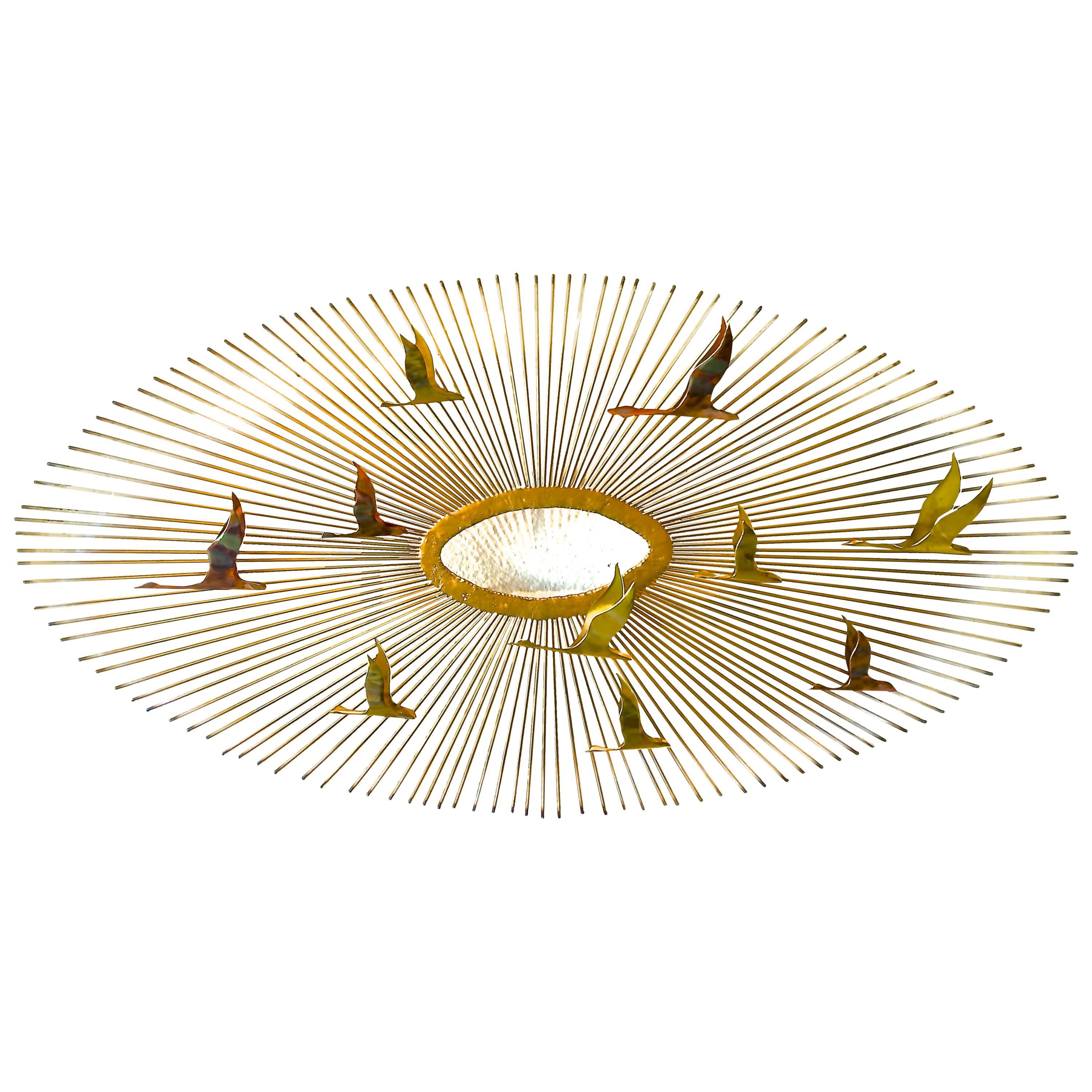Mid-Century Modern Wall Sculpture "Birds in Flight on Sunburst" For Sale