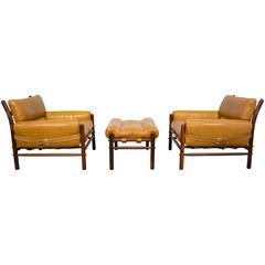 Arne Norell "Kontiki" Leather and Rosewood Chairs and Ottoman
