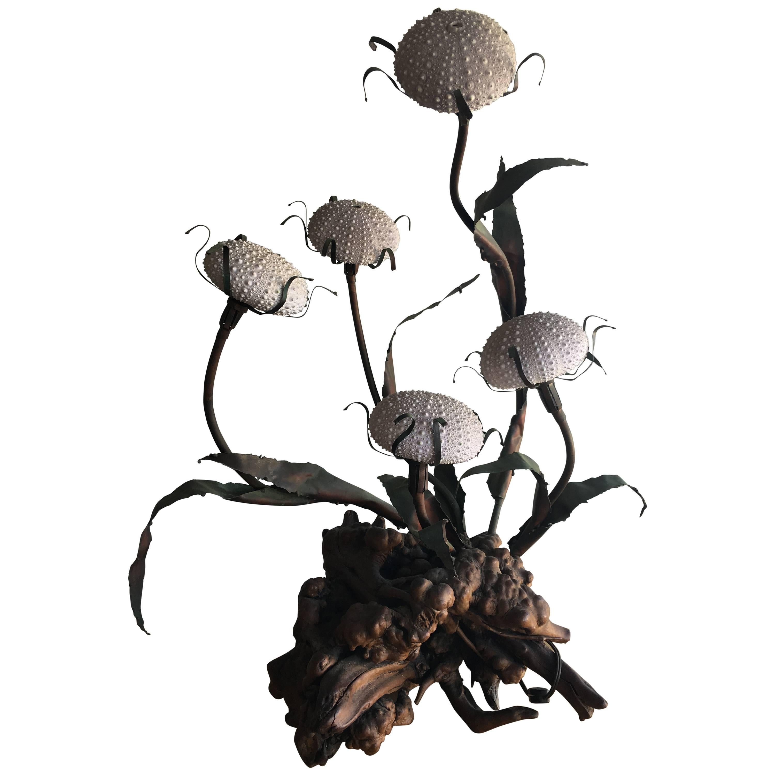 Large Five Light Root Wood and Copper Sea Urchin Table Lamp For Sale