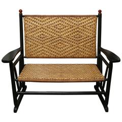 Antique Black Lacquer Bench with Rattan Seat