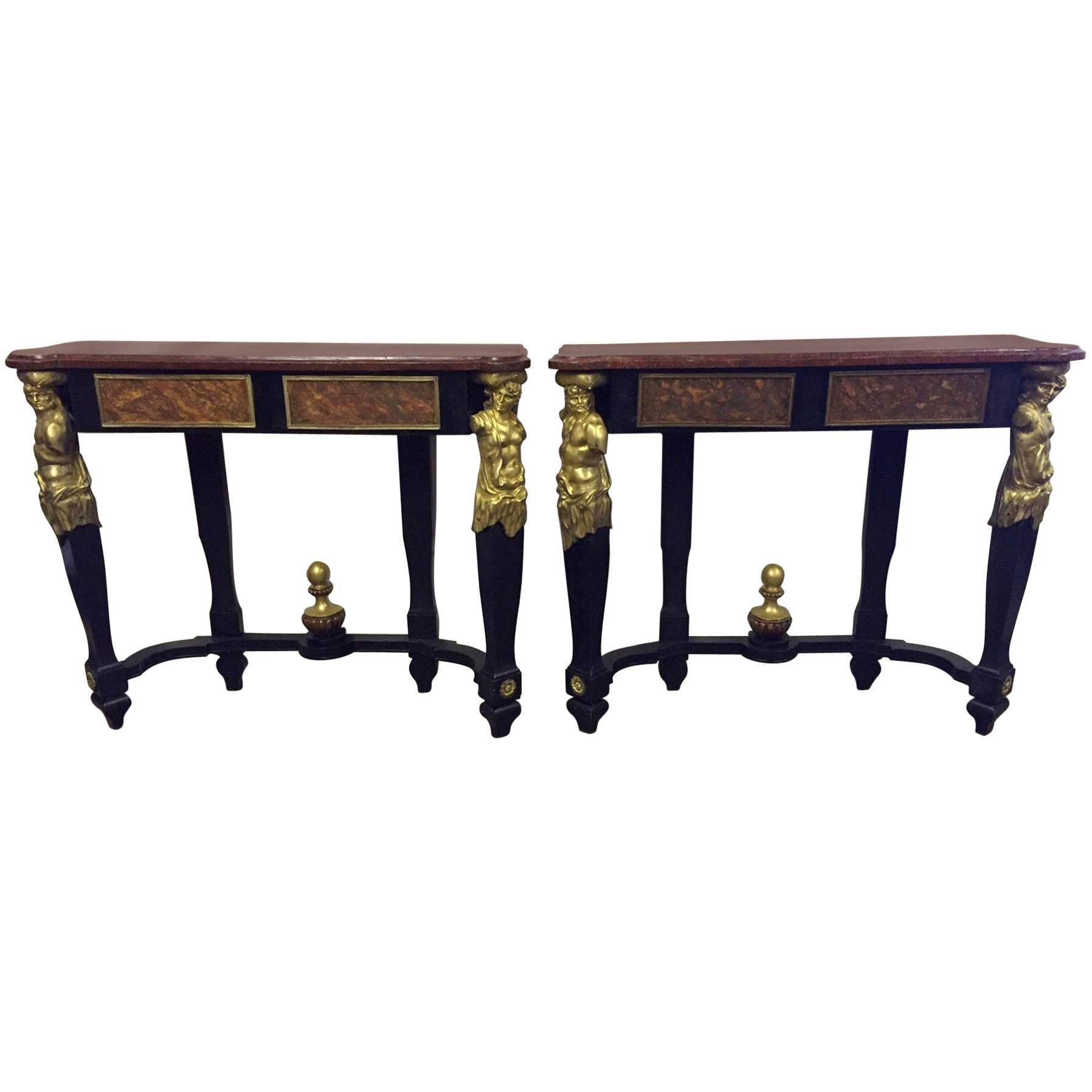 French Bronze Mounted Faux Painted Consoles, 19th Century