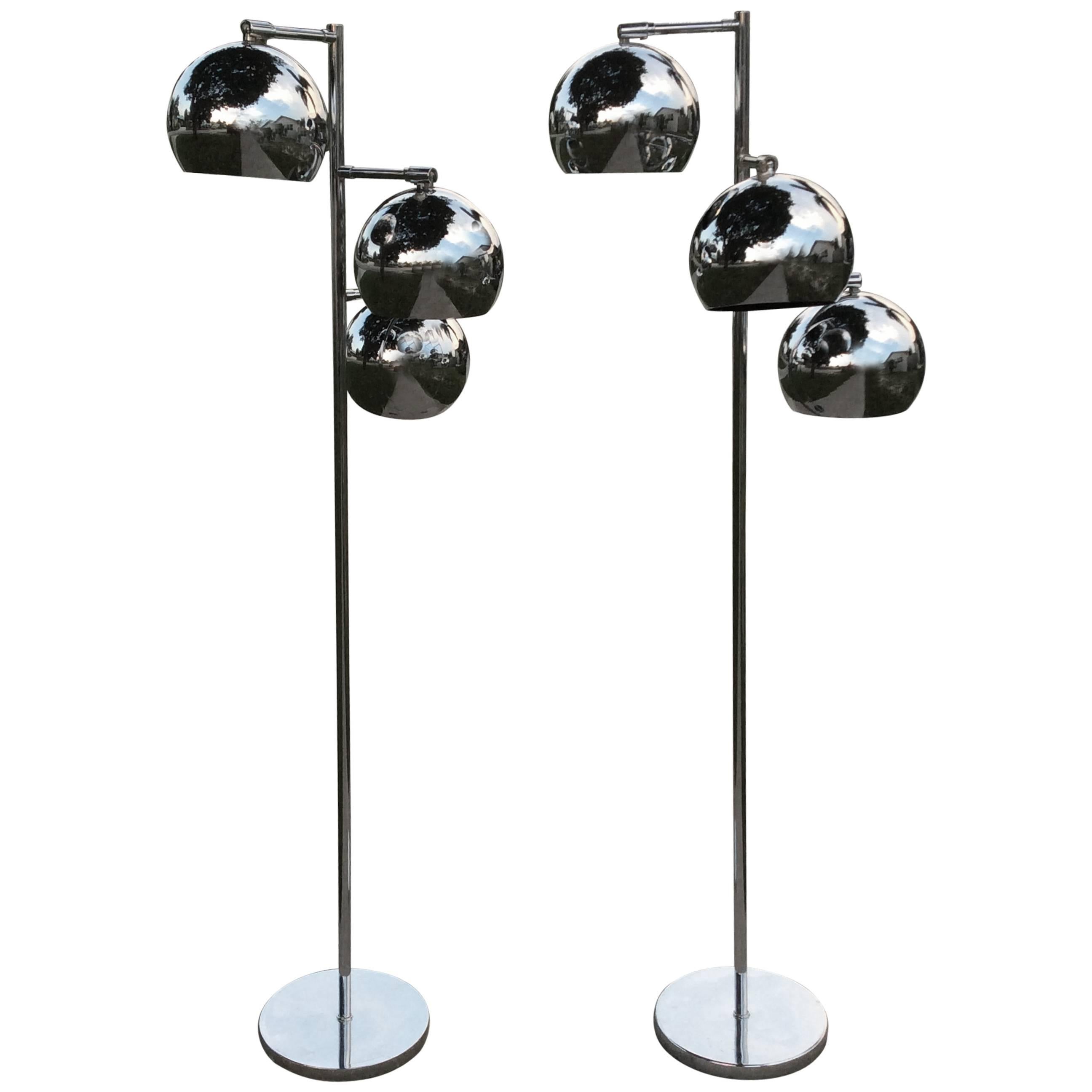 Floor Lamps Pair of Chrome Triple Eyeball Ball Koch & Lowy Retro 