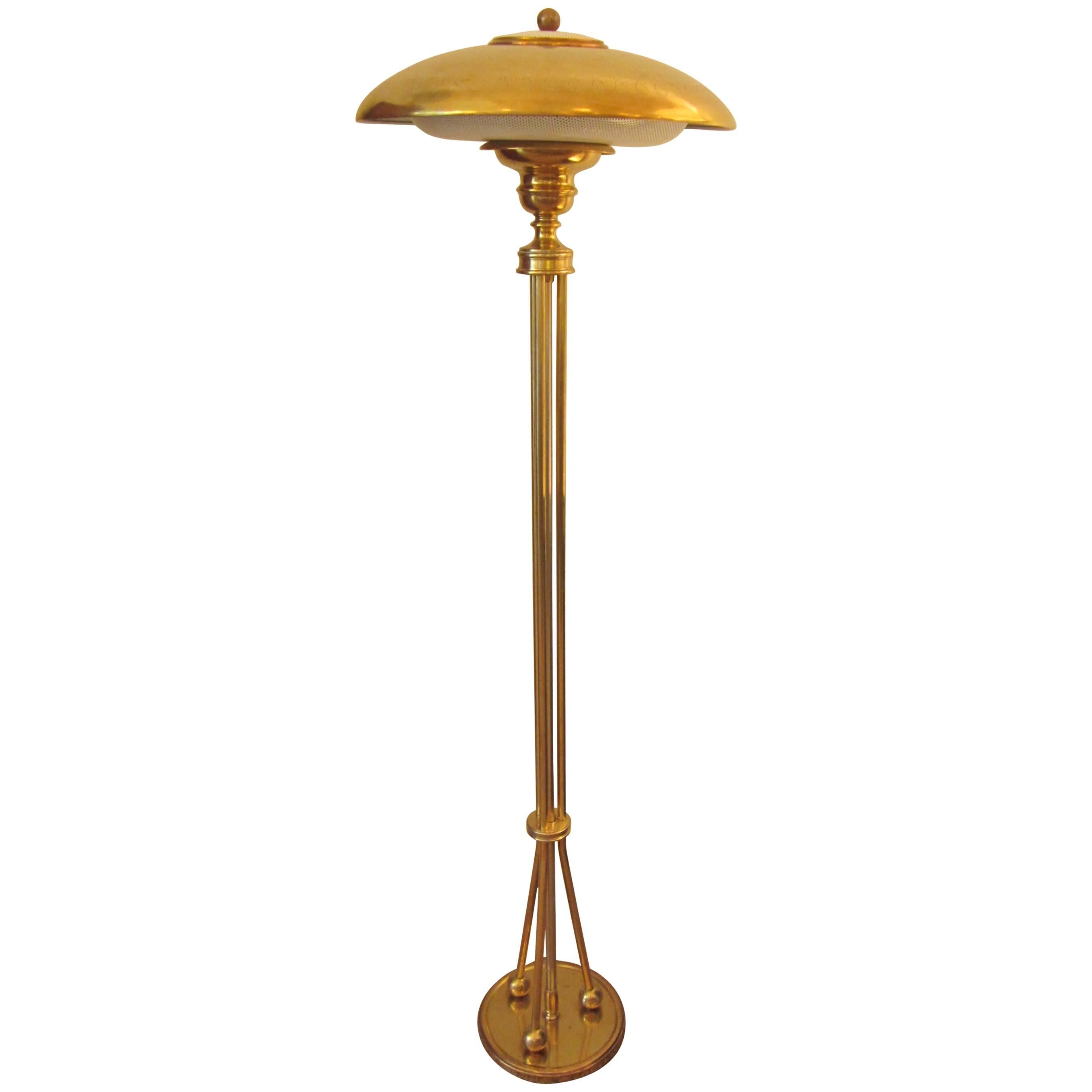 Pedestal Ball and Pole Solid Brass Standing Floor Lamp with Perforated Shade For Sale
