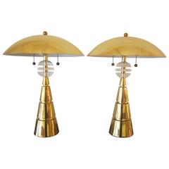 Pair of Conical Brass Dome Lamps